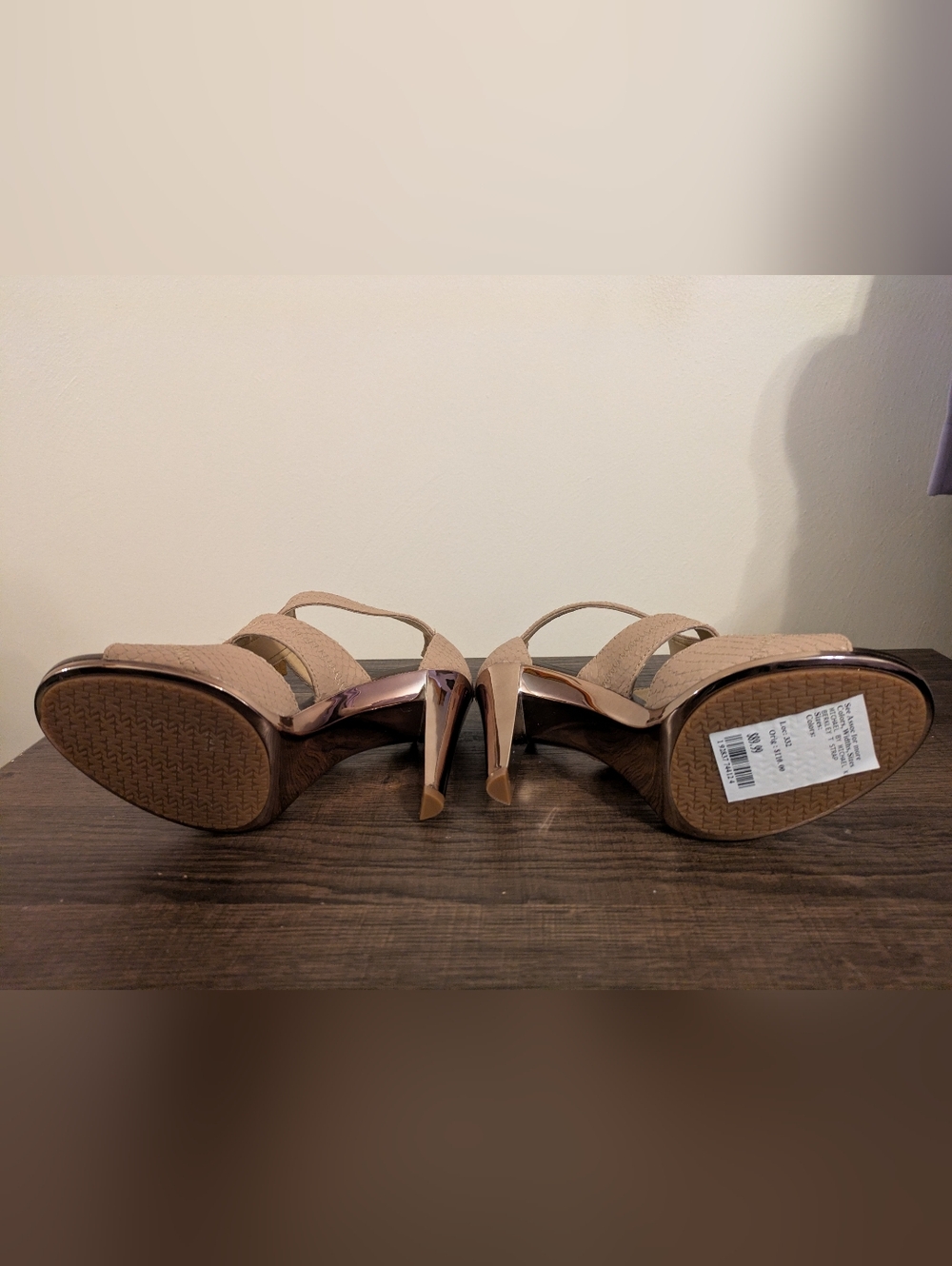 MICHAEL Michael Kors Taupe Strappy High Heel Sandals with Gold Zipper - Picture 4 of 6